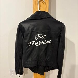 Black faux Leather Jacket with 'Just Married' Embroidery